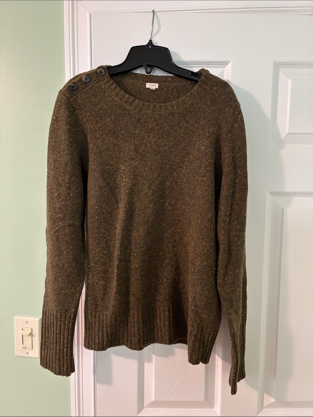 J. Crew Olive Green Button-Shoulder Crewneck Sweater